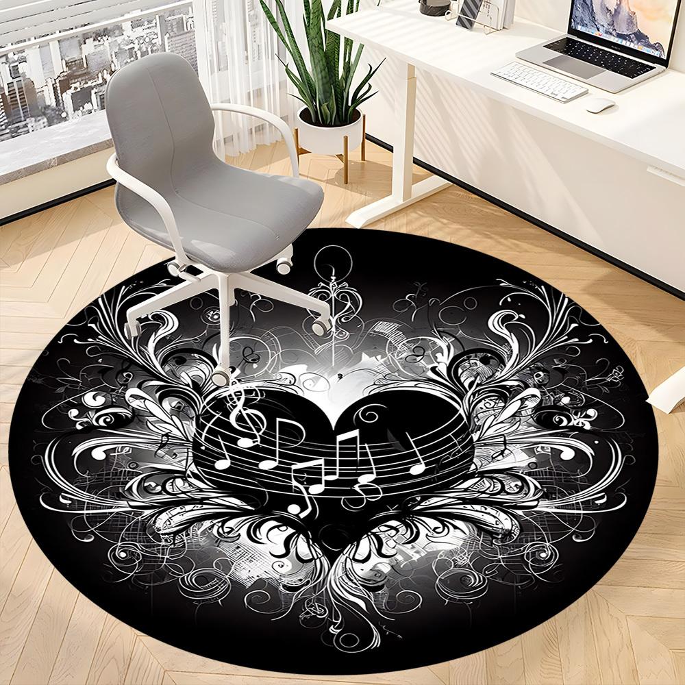 1pc Heart Music Notes Chair Carpet for Office, Round Polyester Mat, Indoor Decor for Office, Easycare Fabric, Washable Non-slip Area Carpet