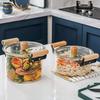 High Borosilicate Glass Soup Pot with Lid for Electric Stoves, Transparent Double Ear, Wood Handle.