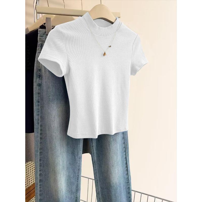 Half-High Collar Short Sleeve T-Shirt Women's New Summer Solid Color Slimming Right Shoulder Top