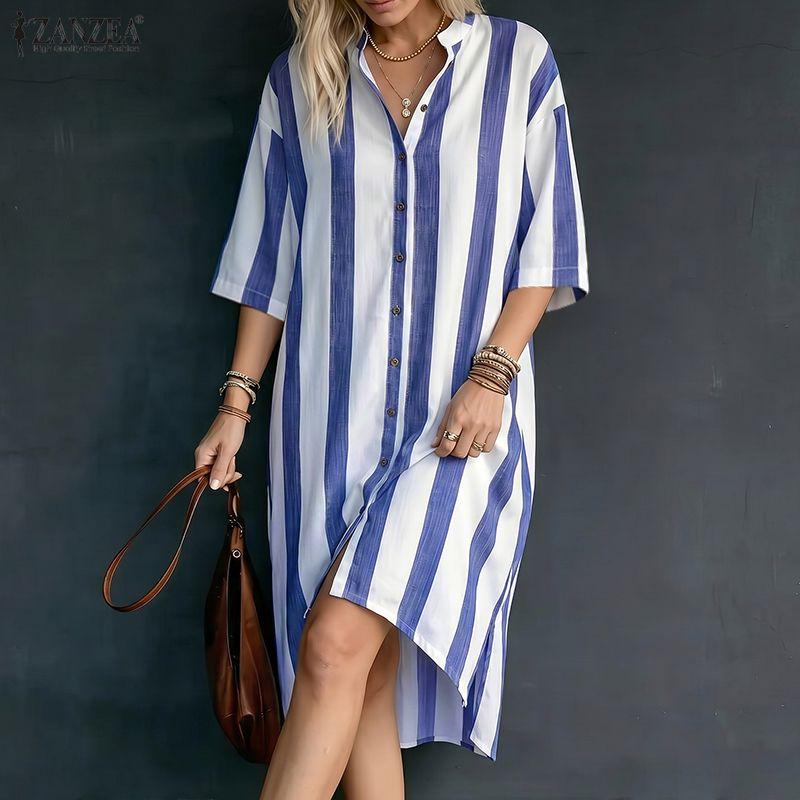 ZANZEA Women Stand Collar 3/4 Sleeve Loose Stripe Shirt Dress 2XL