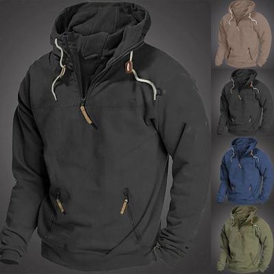 Men's Hooded Solid Color Sweater, European And American Youth Sports Multi Pocket Patch Leather Sweater Jacket