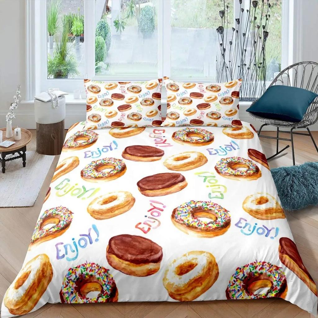 Kawaii Donut Duvet Cover Set Colorful Sweet Doughnut Bedding Set Delicious Dessert Pink Purple Comforter Cover Girls Room Decor