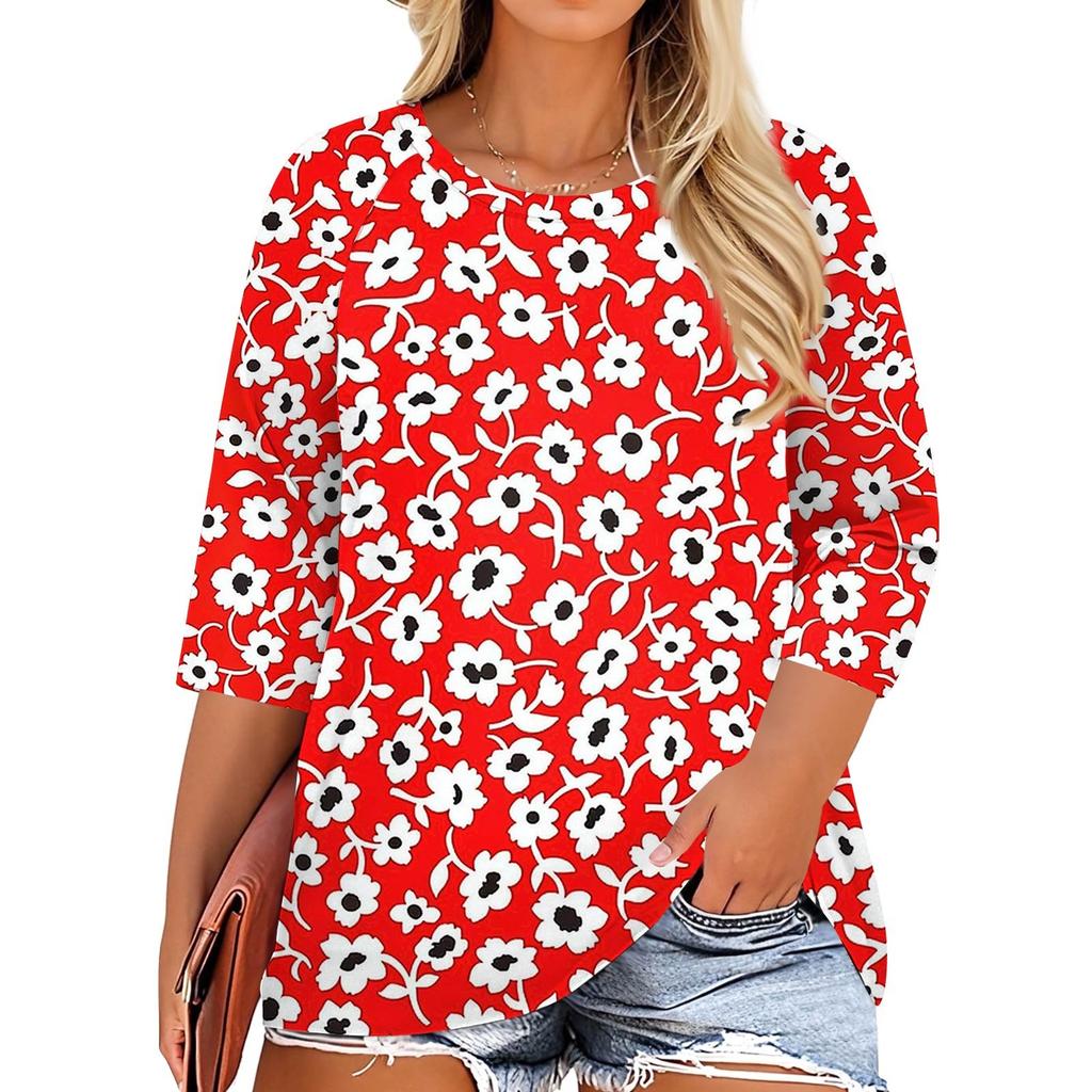 Women's Fashion Casual Print Round Neck 3/4 Sleeve T-Shirt Top