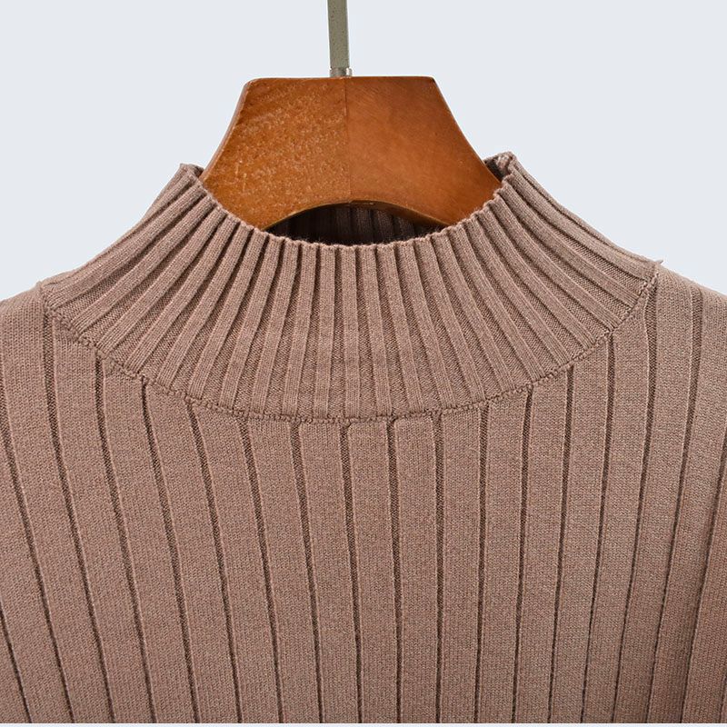 High Quality Autumn and Winter Half Turtleneck Knitting Sweater Sunken Stripe Long Sleeves Idle Style Pure Color Base Pullover Heattech Women's Top