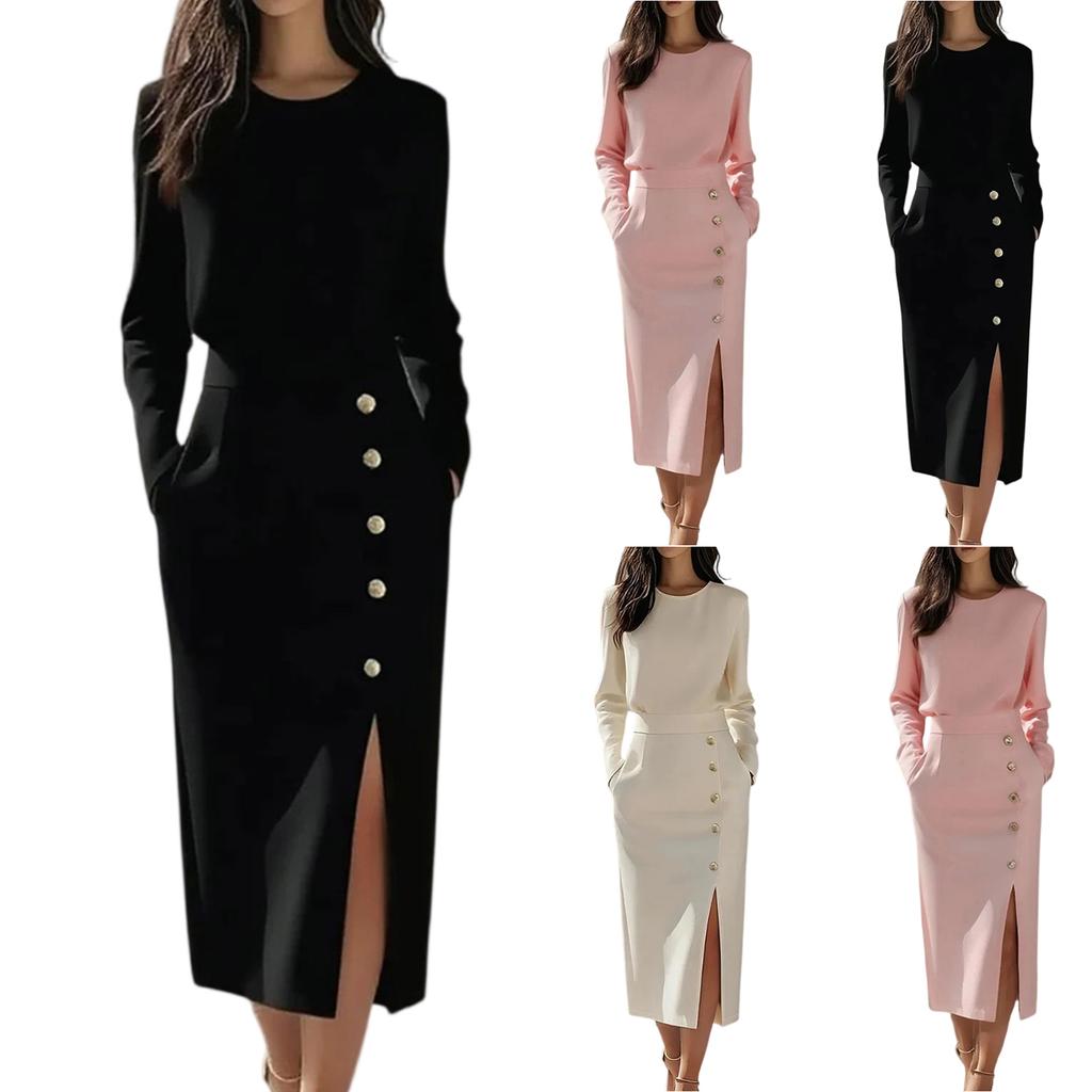 Women's Fashionable Long Sleeved Mature Style Solid Color Round Neck Cinched Waist Slit Metal Button Zipper Dress
