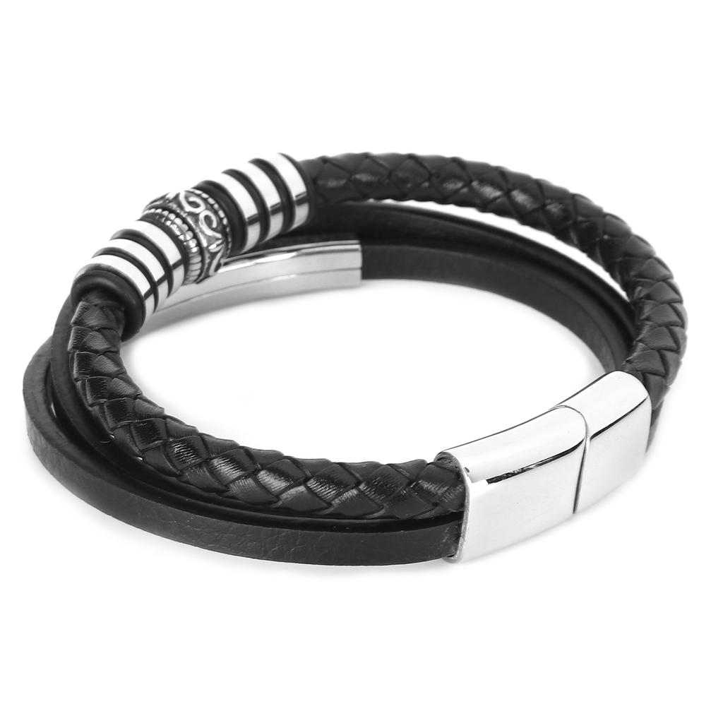 Men"s PU Leather Black Stainless Steel Wrist Band Cuff Bangle Bracelet Magnetic Clasp