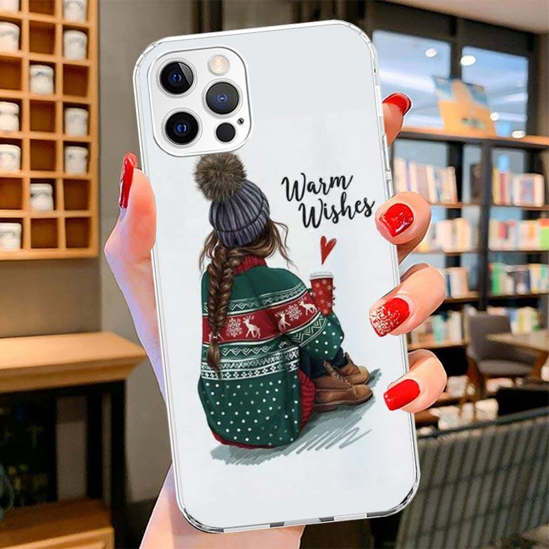 

Christmas Art Girls Coffee Cover Phone Case For iPhone 16 17 Air 15 14 Pro Max 16E Phone Case 13 Mini 12 11 7 SE 8 Print Pattern iPhone 14 Plus