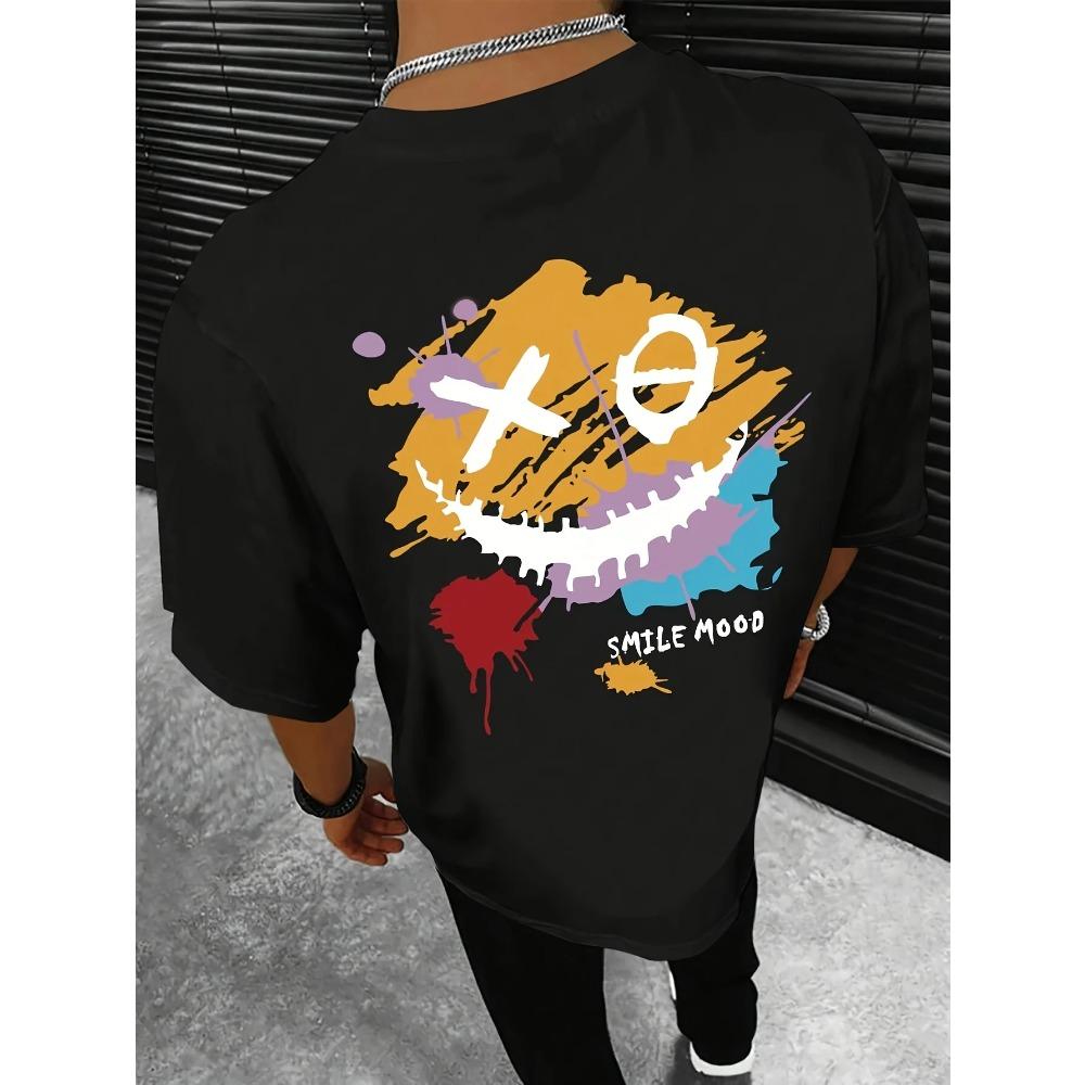 Lässiges Rundhals-Kurzarm-Top mit leichtem Stretch, Sommer-Strick-T-Shirt mit Smile-Stimmungsdruck für lässige Wochenendkleidung