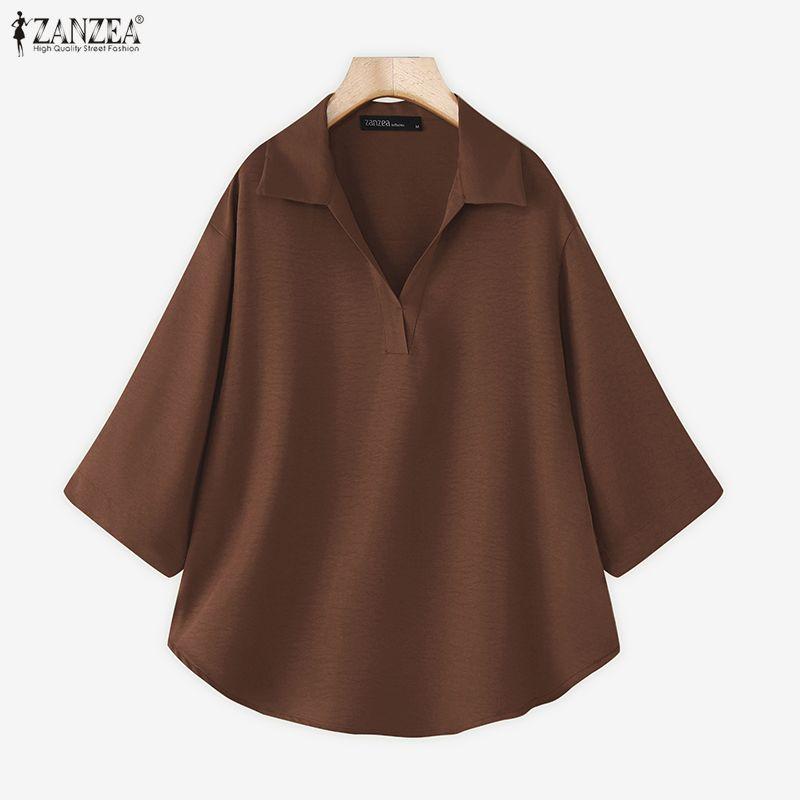 ZANZEA Damska swobodna bluzka z kołnierzykiem w dół, letnia, luźna, z krótkim rękawem