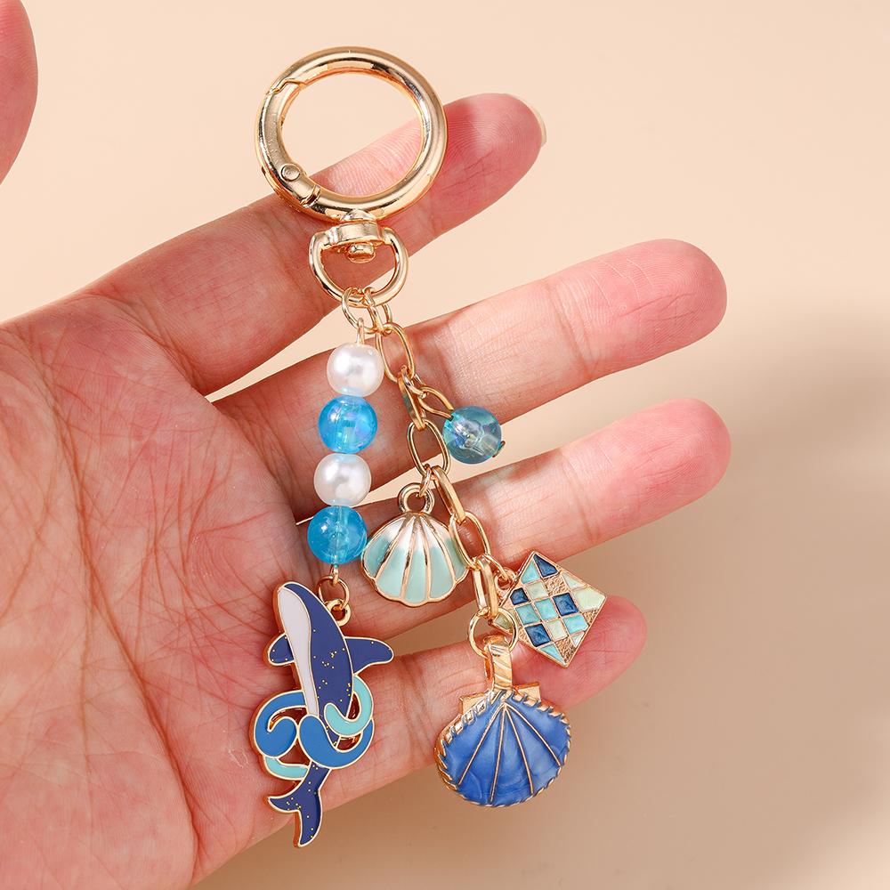 Fashion Enamel Shell Whale Keychain Crystal Pearl Key Ring Pendants for Women Girls Handbag Decor DIY Jewelry Gifts
