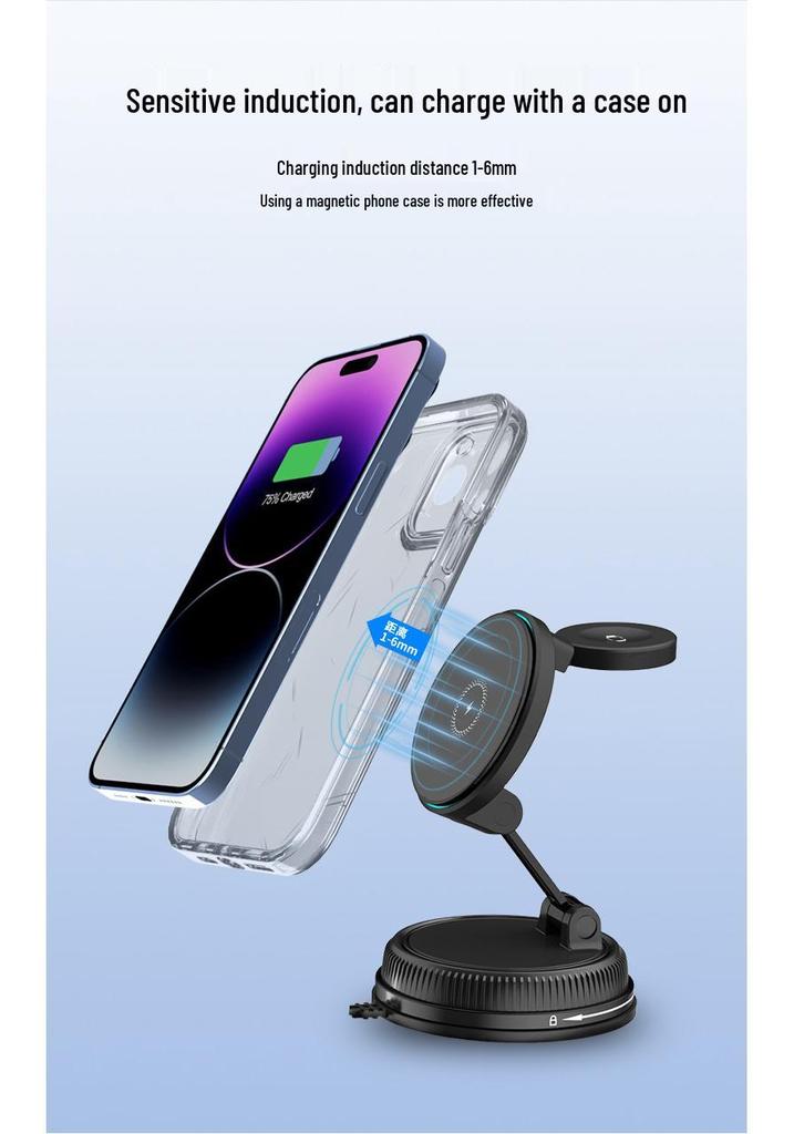 15W Magnetic Wireless Car Charger & Foldable Phone Holder with Suction Cup for Apple Devices