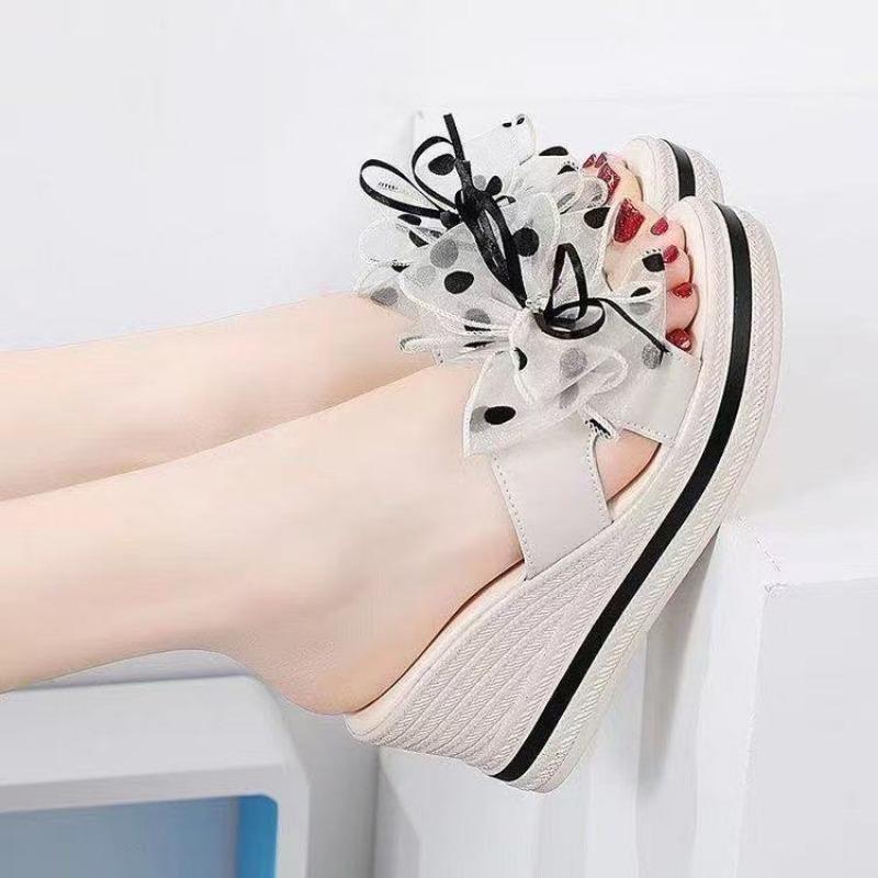 

Flower cool slippers women s high heels slippers summer new casual versatile outer wear thick bottom wedge heel one-word drag 35