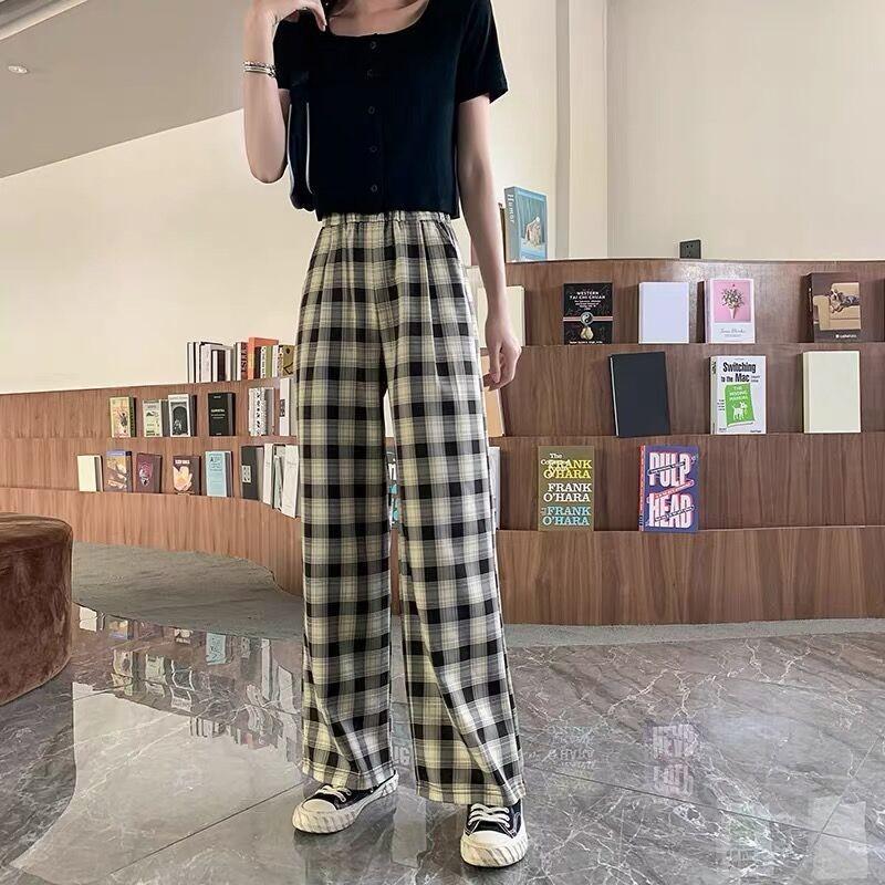 Women‘s Summer Thin Plaid Pants Casual Wide Leg Trousers Elastic High-waisted Bottoming Pants Hip-hop Straight Pants