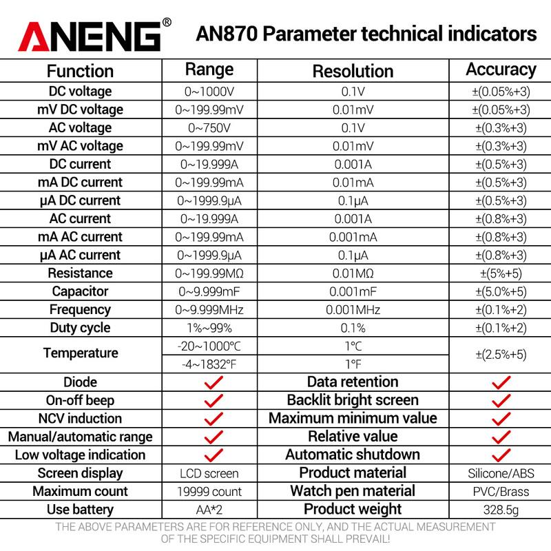 ANENG AN870 Multimeter 19999 Counting LCD Backlight Display On/Off Beep Automatic Shutdown Anti fall Electrical Multi meter