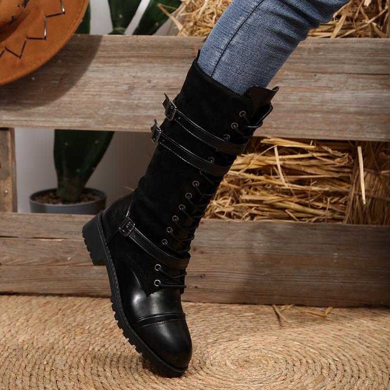 Wish2025 Autumn Winter Round Toe PU Patchwork Cowboy Knot Knight Long Boots Women's Boots Rubber Sole Solid Color Adult Shoes
