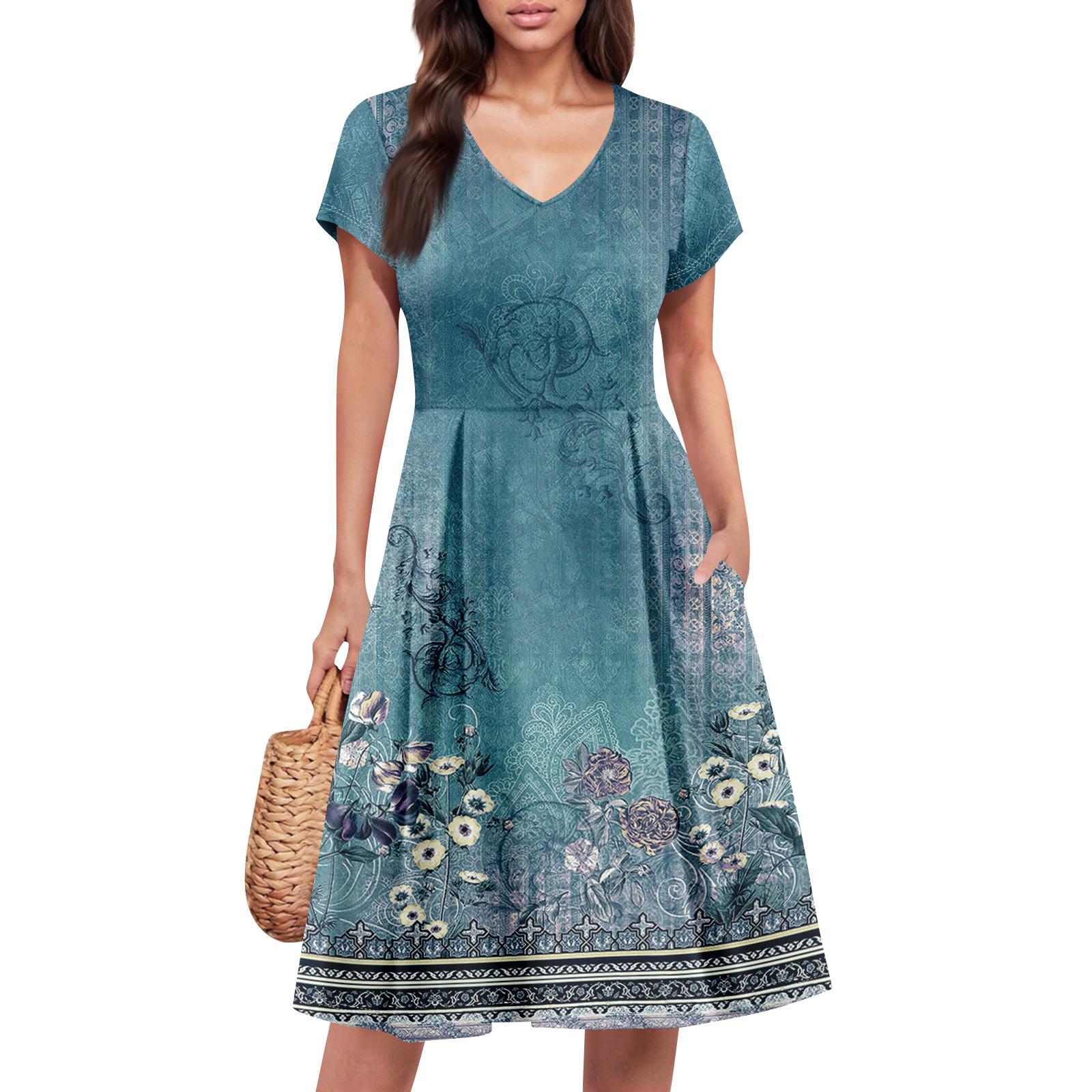 

Женское летнее платье с коротким рукавом, V-образным вырезом, короткое, модное, повседневное, летящее, А-силуэта, платье-сарафан с карманом XL