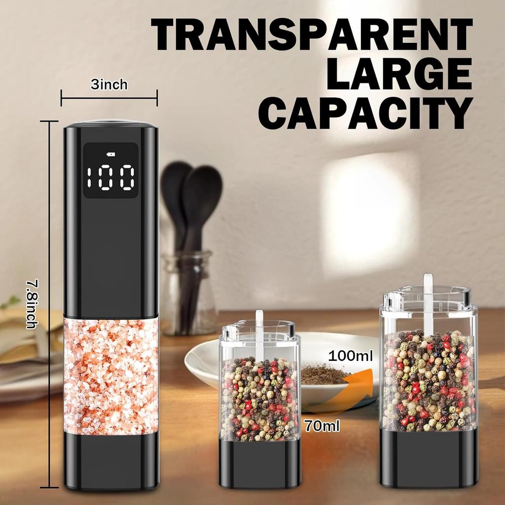 Electric Salt and Pepper Grinder Set,Rechargeable Electric Pepper Grinder with LED Display,Adjustable Coarseness,Large Capacity Refillable Salt