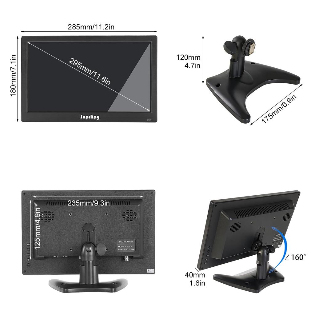 Suprlipy FHD Small IPS Monitor LCD Display Screen 1920x1080 60Hz BNC VGA with AV Input Loudspeaker for CCTV Security Camera DVR PC Game Console 12"