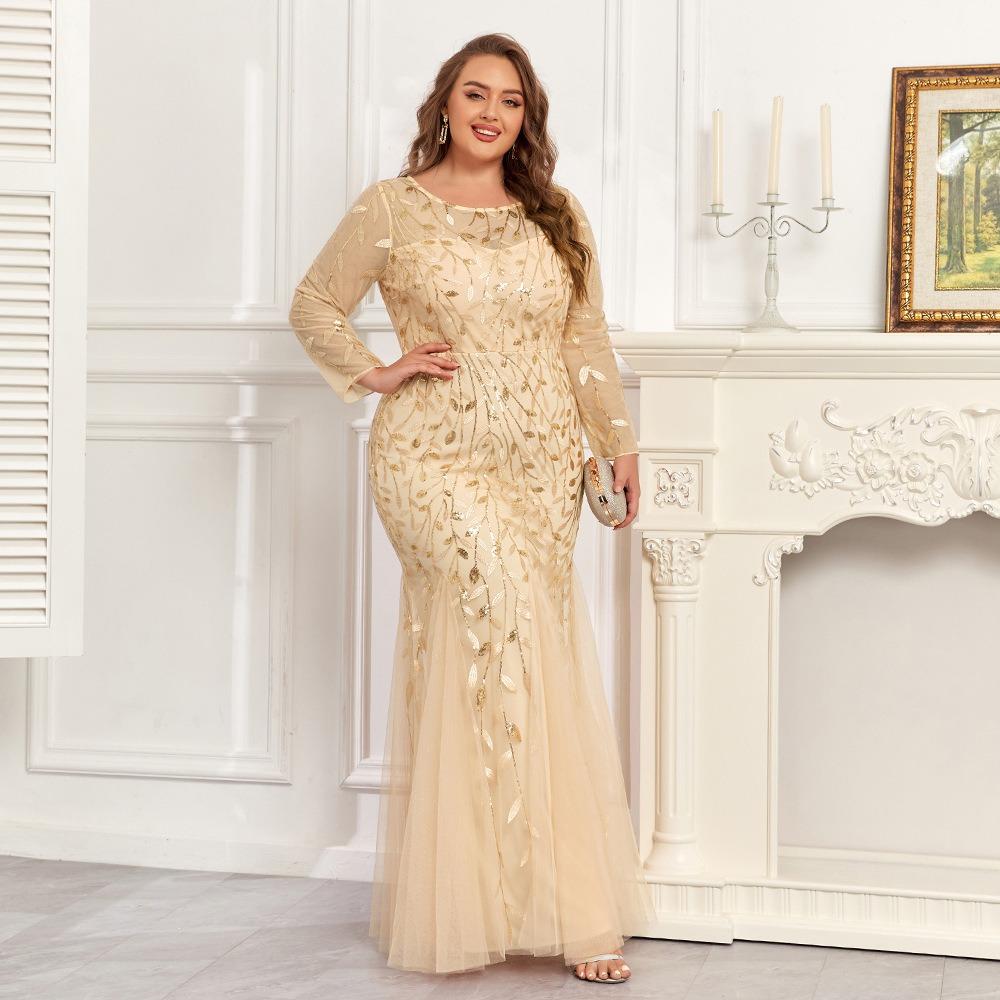 Plus Size Elegant Embroidered Mermaid Dress Round Neck Long Sleeve Lined Back Zipper