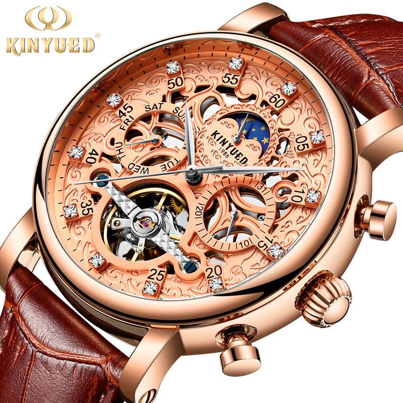 KINYUED Scheletro Automatico Orologio Uomo Pelle Strap Sun Moon Phase  Impermeabile Uomo Tourbillon Orologi Meccanici Top Brand Orologi da polso  di lusso acquista in modo economico — spedizione gratuita, recensioni reali  con