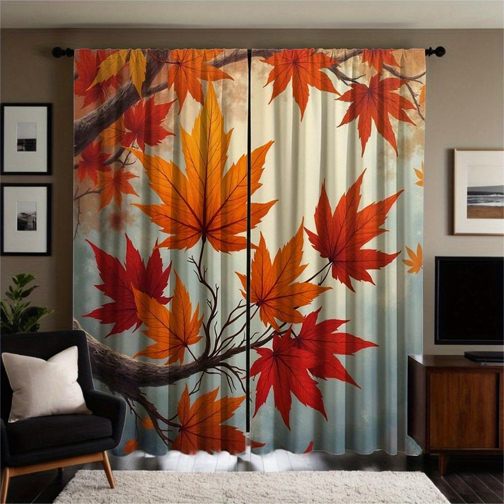 2pc Autumn maple leaves with orange and red autumn leaves pattern curtains   polyester fabric   suitable for bedroom living room