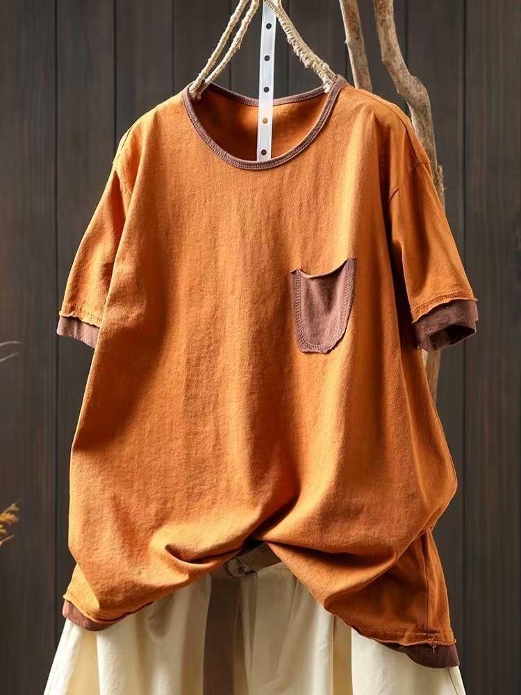 Johnature Damen Vintage T-Shirts O-Ausschnitt Kurzarm Weich Sommer Patchwork Taschen Freizeit T-Shirts Weiblich