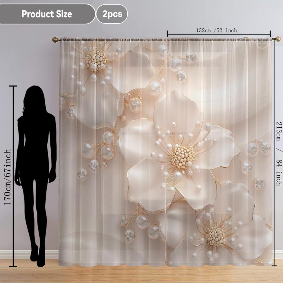 2PCS Digital Printed Sheer Curtain, Misty Gold Bead Flowers, Dreamy Luxe Ethereal Floral for Living Room Bedroom Home Decor