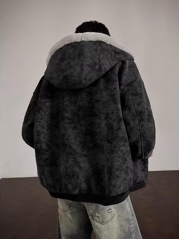 Herren Winter American Eagle Kapuzen-Lederjacke mit Litschimuster und warmem Kaninchenfell-Futter