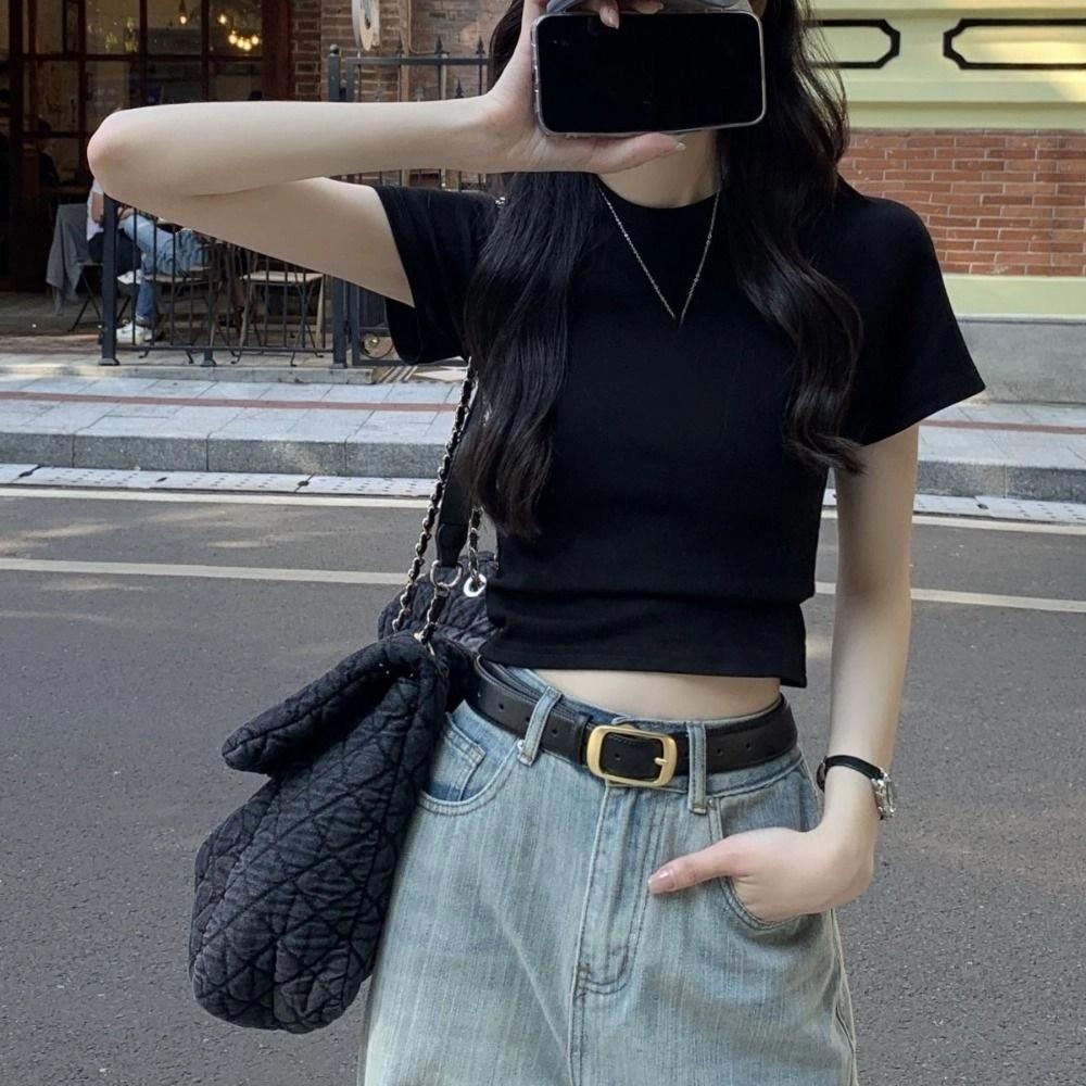 Chic Y2K Crop Top Solid Color Tees Shirts Women Simple Short Sleeve T-shirt Streetwear