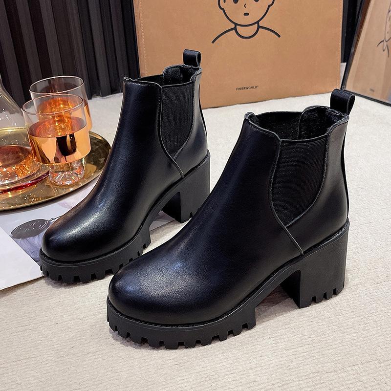 Fashion 2024 New Winter Casual Comfortable Thick Bottom Round Head Black Sexy Elegant British Style Warm Square Heel Short Boots