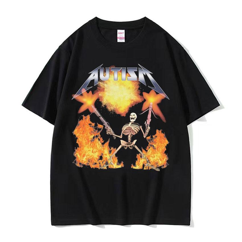 Autism Skeleton Meme T Shirt Human Funny Skull Men's Women Harajuku Gothic Vintage T Shirts Summer Cotton T-shirt Streetwear