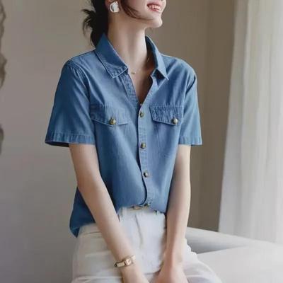 2024 Summer Casual V-Neck Denim Shirt - Comfortable, Fashionable, Straight Shoulder Design