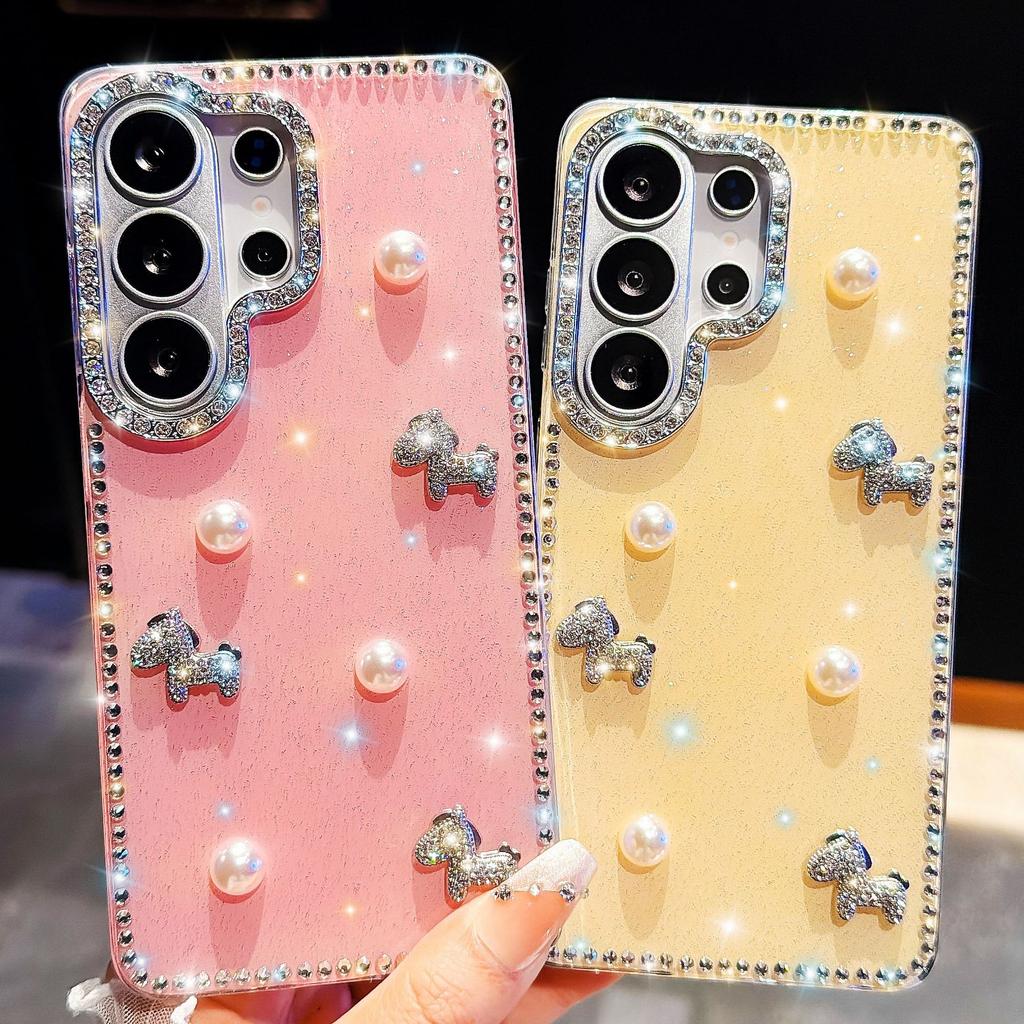 Applicable to Samsung S26Ultra pearl pony mobile phone case S24FE flash diamond S25 all-inclusive anti-drop DIY protective case