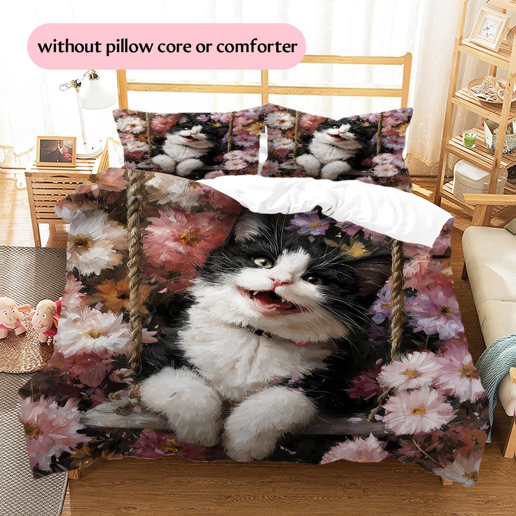 Cow Cat and flowers Pattern Bedding Home Decoration Birthday Gift (1 * duvet cover + 2 * pillowcase, without core)