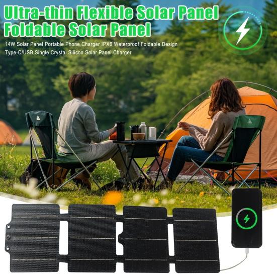 14W Solar Panel Portable Phone Charger IPX6 Waterproof Foldable Design Type-C/USB Single Crystal Silicon Solar Panel Charger