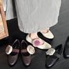 Leather~ Retro One-word Belt Removable Flower Shallow Mouth Single Shoes Women's Soft-soled Leather Shoes Shallow Mouth Ballet Shoes