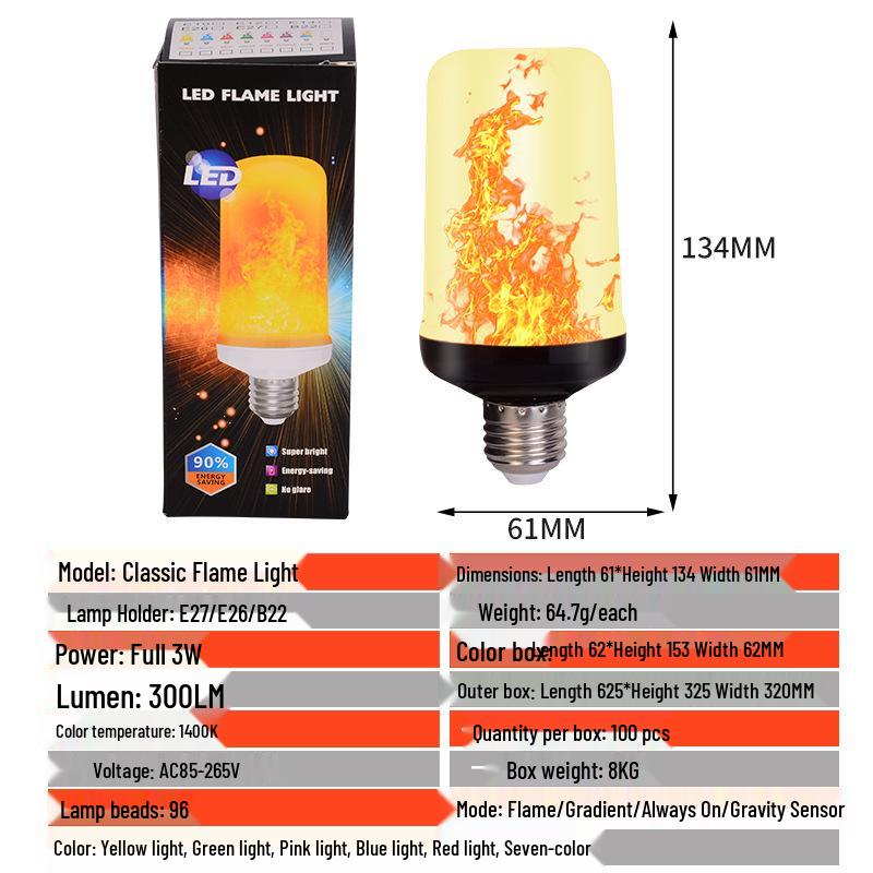 Lagernde LED-Flammenbirne mit Schwerkraftsensor - E27-Sockel, 4 Modi, Gelblicht-Effekt-Fackel