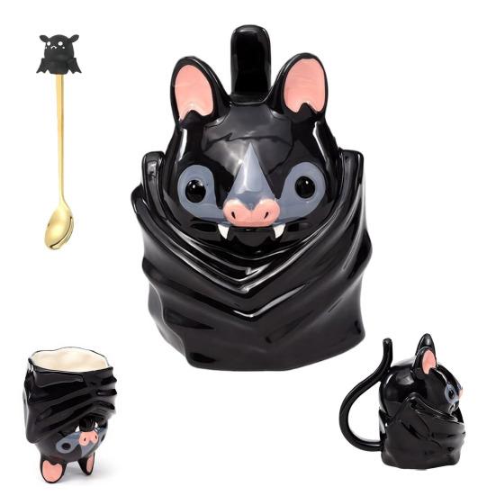 Fledermaus Auf dem Kopf Geformte Tasse Niedliche 3D Fledermaus Keramik Kaffeetasse mit Schwanzgriff Lustige Neuheit Tier Tasse Geschenk für Gotische Heim- und Bürodekoration
