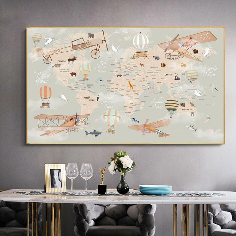 Cartoon Ocean Animal World Map Wall Art Canvas Painting Nordic Posters And Prints Nursery Wall Pictures For Kids Room Decoration