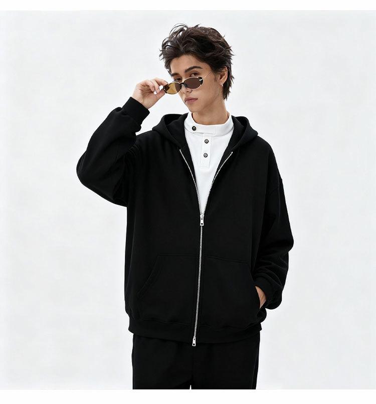 Double Zipper Hooded Cardigan, 420g Large European Size, 100% Cotton, Spring/Autumn, Trendy Loose Jacket