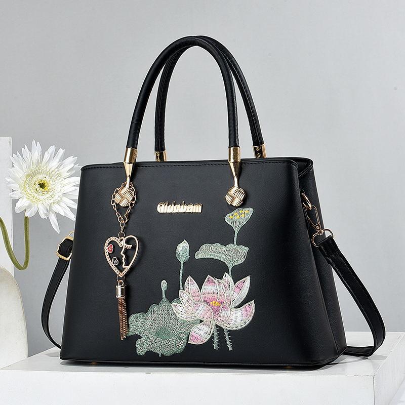 Women Embroidery Lotus Pattern Shoulder Bag Large Capacity Tote Handbag