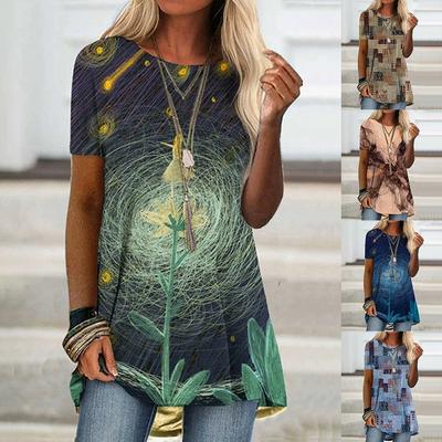 Women's Round Neck Casual Ethnic Style Retro Printed Short Sleeved T-shirt