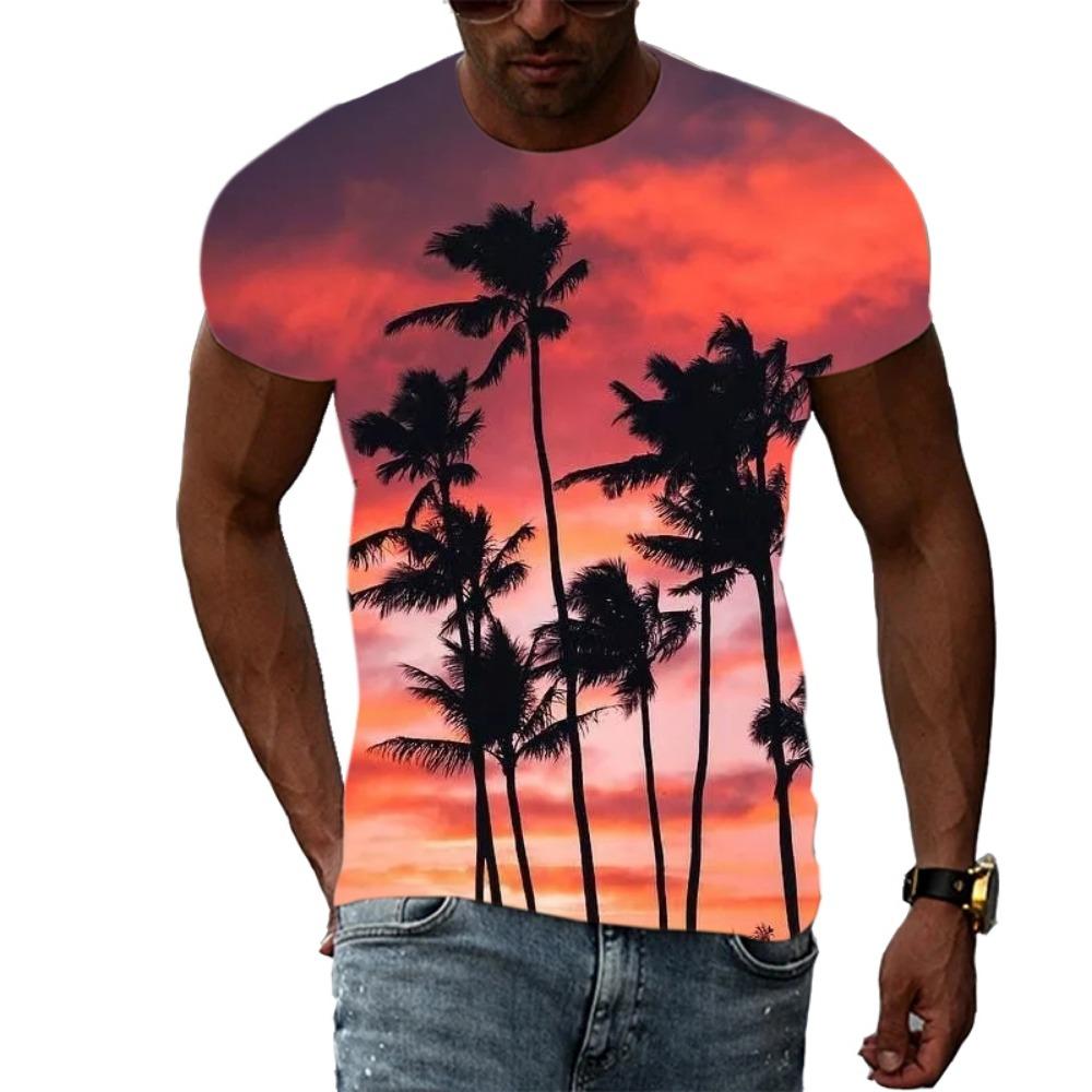 Sommer Herrenmode Persönlichkeit T-Shirt Palme Grafik 3D-Druck Hübsch Lässig Trend Übergröße O-Ausschnitt Kurzarm Top