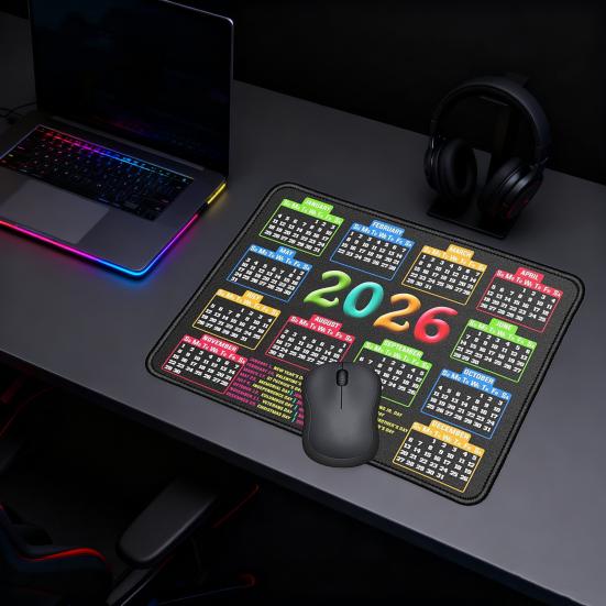 2026 Kalender Mauspad mit rutschfester Gummiunterlage, genähtem Rand, rechteckig, wasserdicht, für Zuhause, Büro, Gaming, Computer, Laptop, Mauspad, Schreibtischunterlage