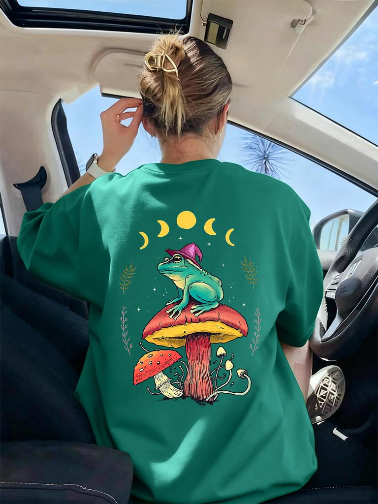 Goblincore Froschmagier auf Pilz Drucke T-Shirts Damen Sommer Kurzarm Tops Weiche T-Shirts Basics Locker Damen Streetwear
