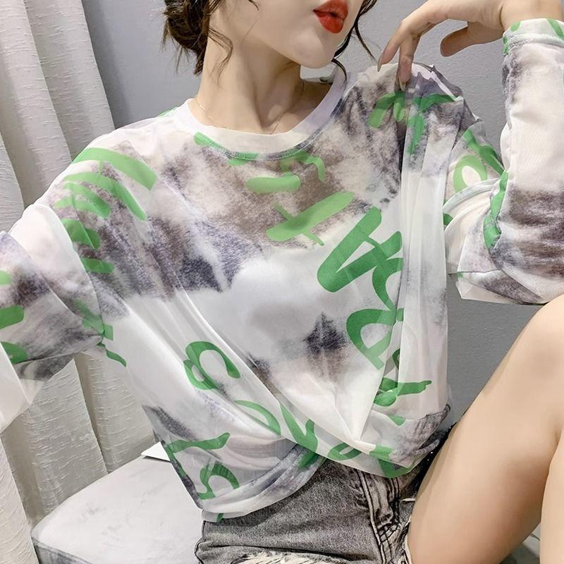 Printed Summer Designed Cropped Mesh Loose Tie-Dye Crew Neck Long-Sleeve Base Layer Thin Cover-Up Sun Protection T-Shirt Top