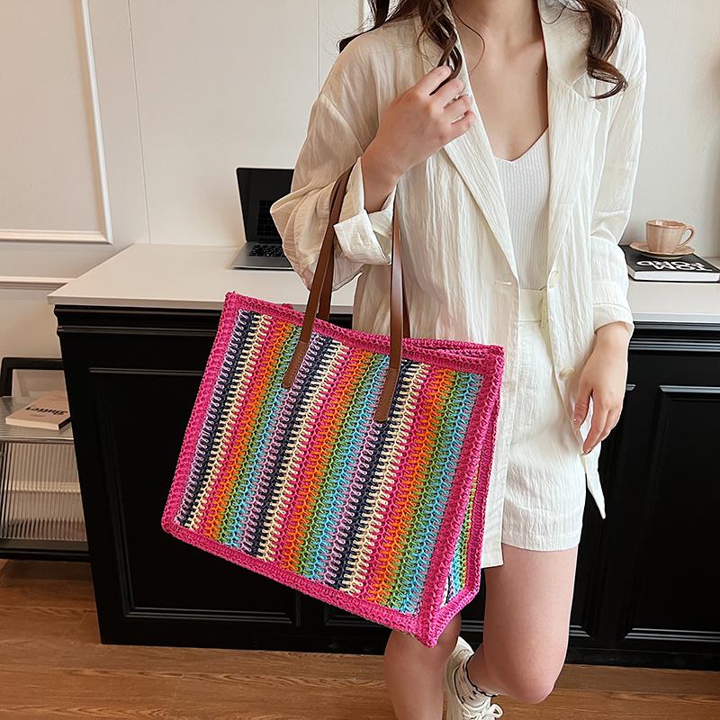 Stripe Big Straw Tote Bags for Women 2024 Summer Fashion Summer Shoulder Bags Handbags and Purses Weave Beach Bag