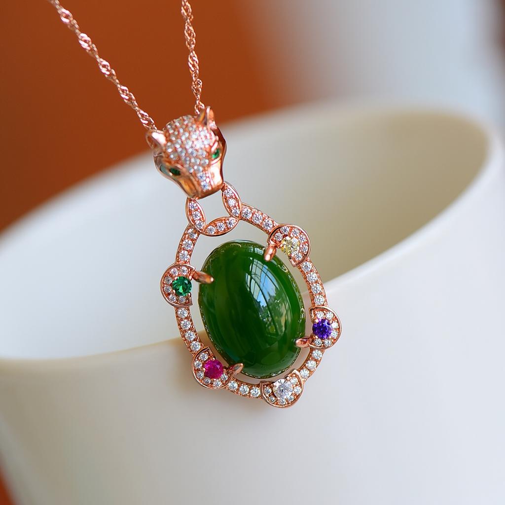 Hotan Jade S925 Silver Inlaid Jasper Egg Face Pendant Necklace for Women