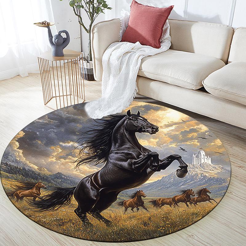 Black Horse Round Area Rug,Carpet Rug for Living Room Bedroom Sofa Playroom Decor,Non-slip Floor Mat