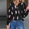 Ladies Fashion New Feather Print Notched Neck  Sleeve Blouse Long Sleeve Tops